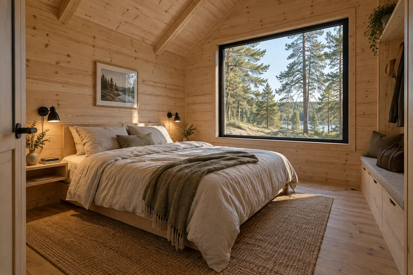 AI-generated timber cabin bedroom with a double bed, luggage bench and woodland-facing window