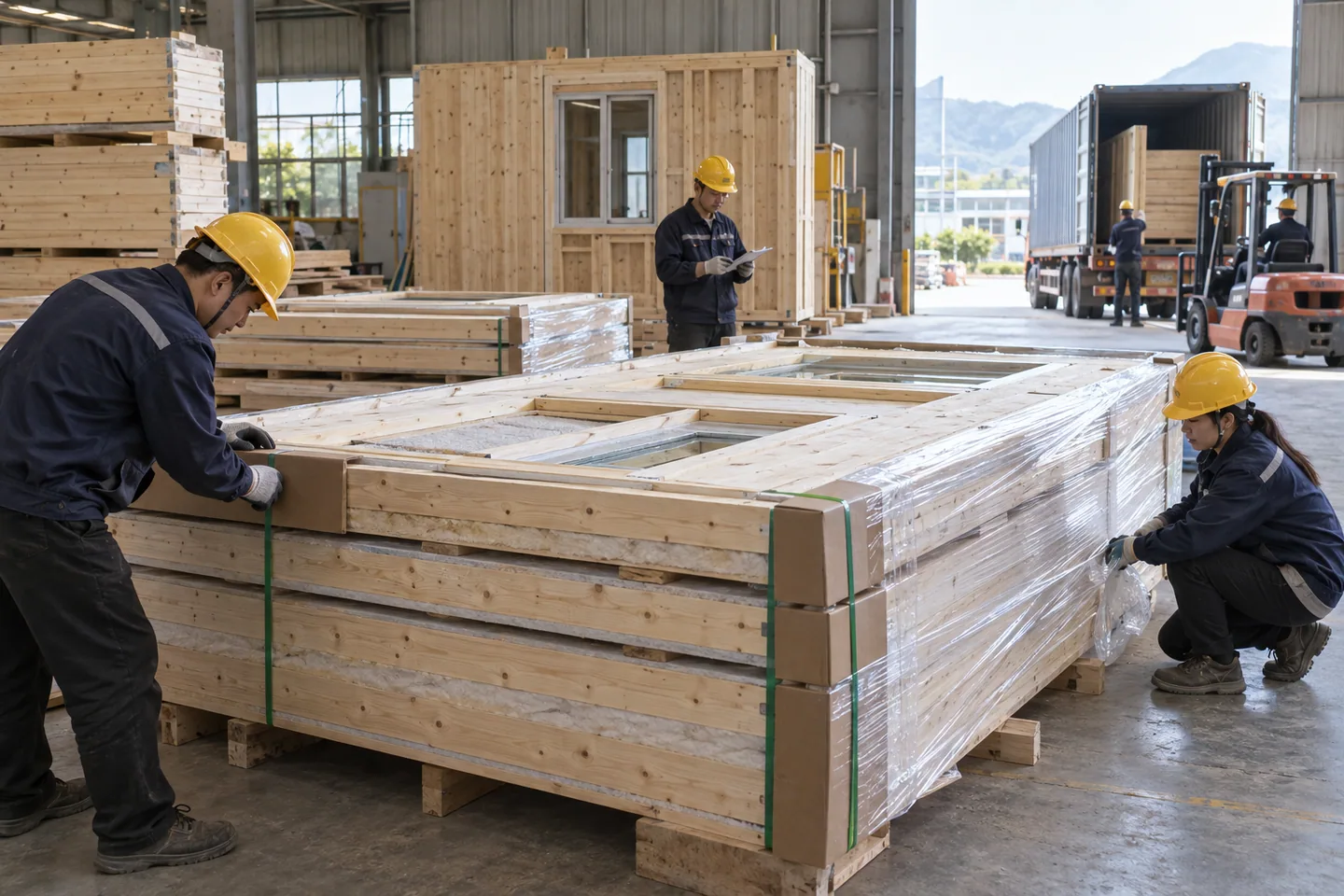 AI-generated documentary-style image of Asian workers protecting timber cabin panels for shipment