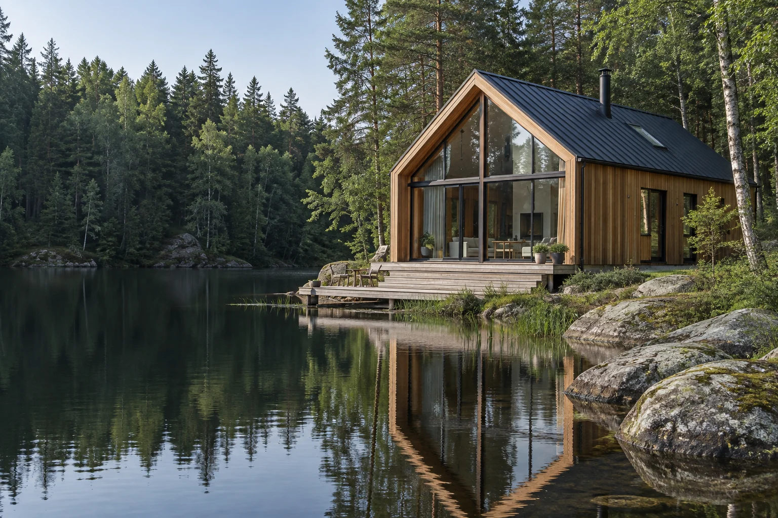 Wooden cabin design beside a lake
