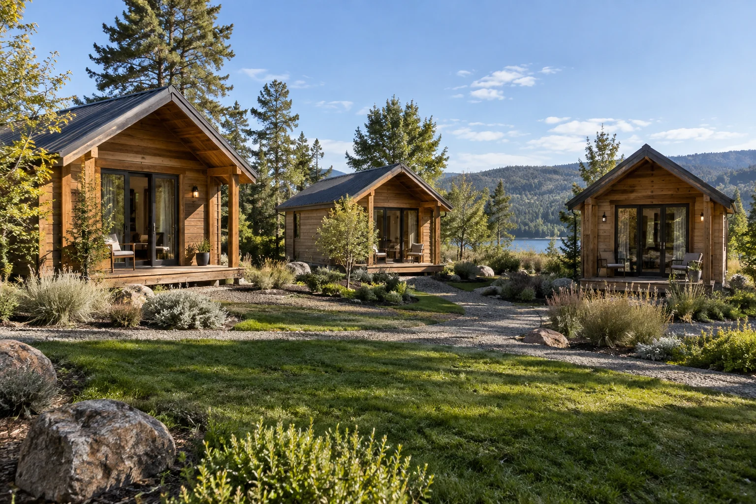 Design concept of timber guest cabins spaced across a landscaped resort