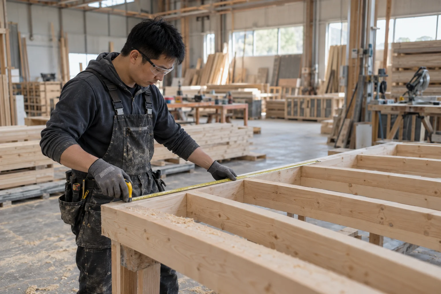 Illustrative scene of an Asian worker measuring a timber wall frame